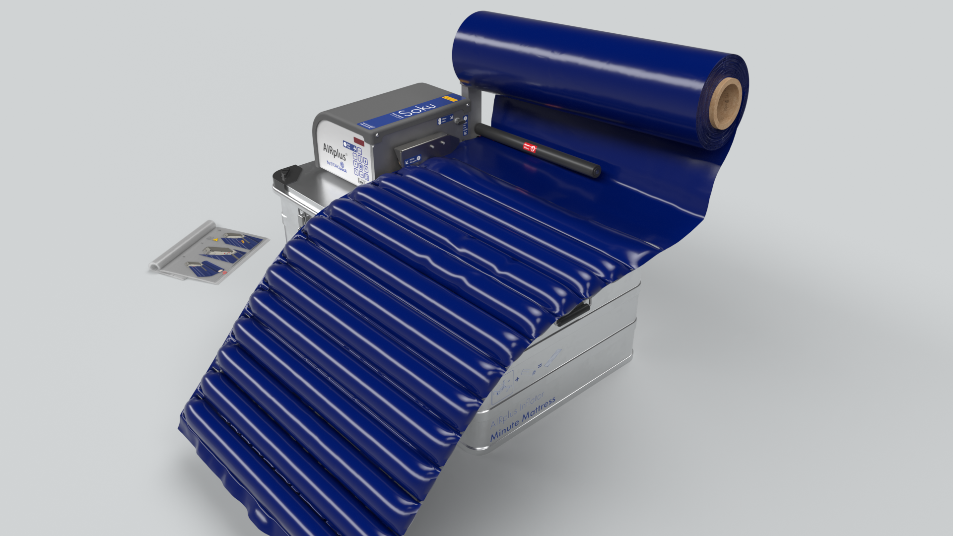Blue Soku Minute Mattress being inflated by the AIRplus Inflator