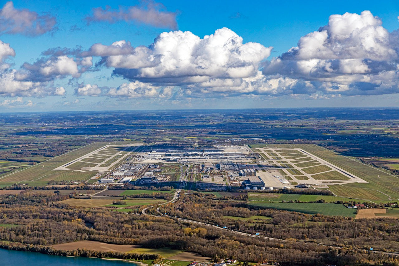 An overview of the Munich Airport from the sky.