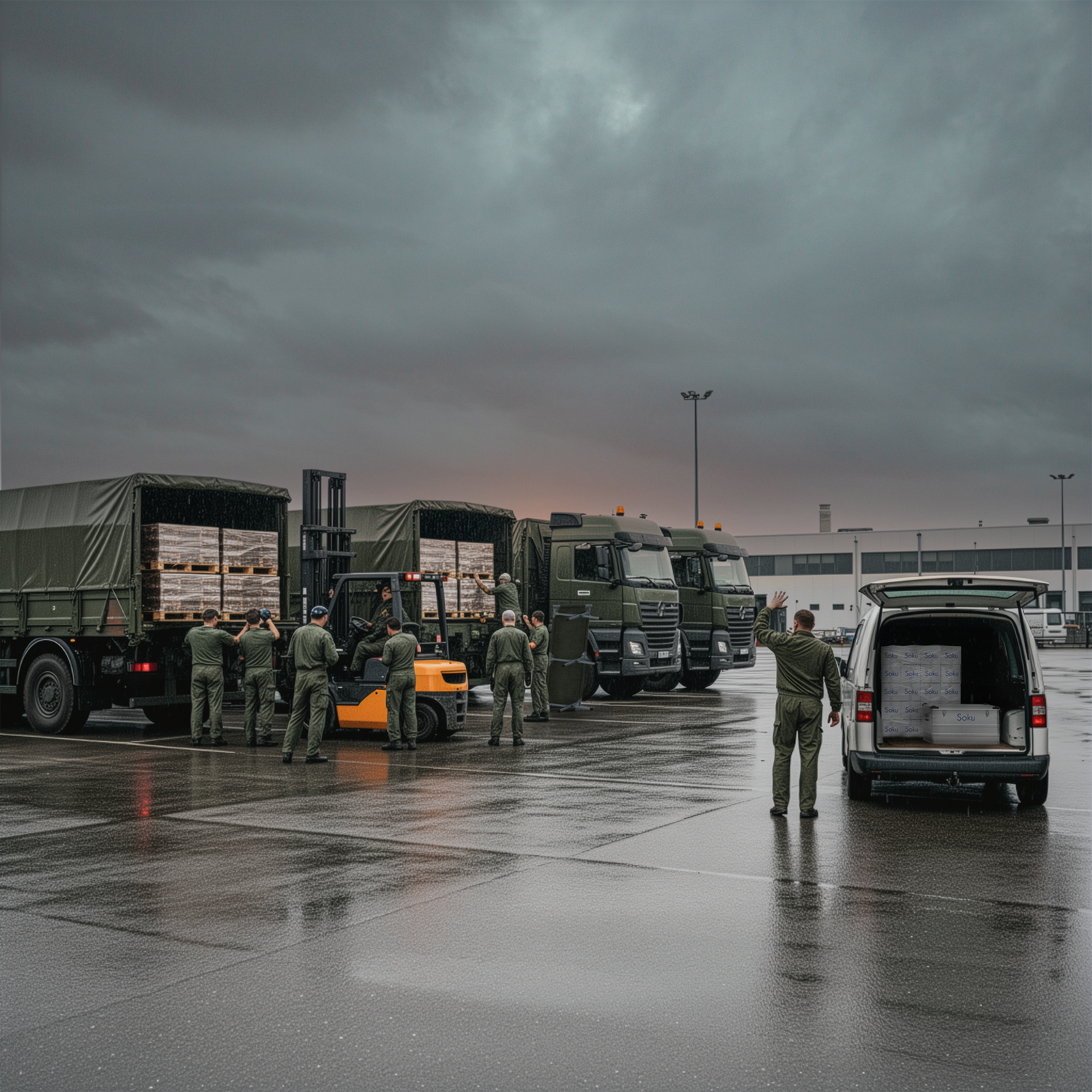 Military vehicles and personnel loading cargo on a rainy day