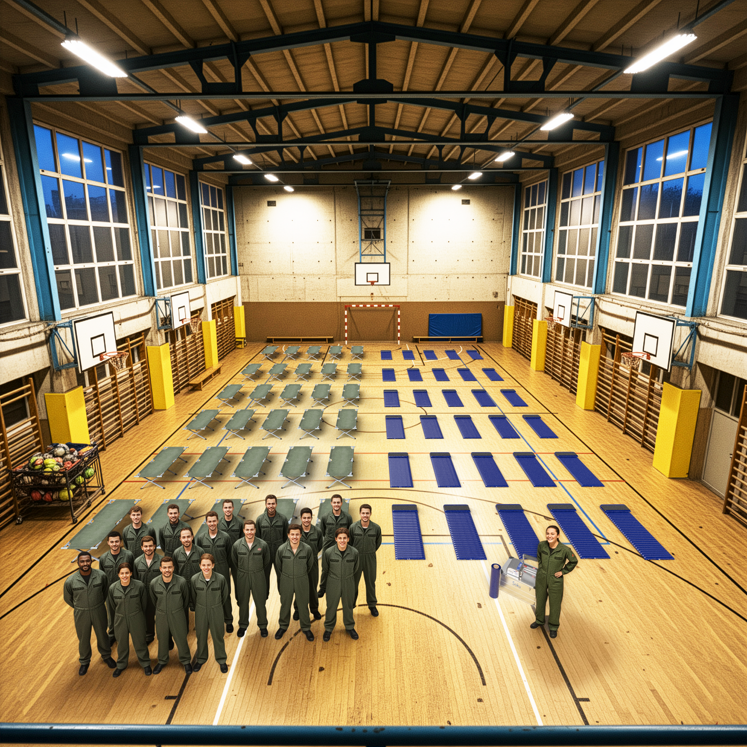 Group of people in green uniforms standing on a gymnasium floor with blue air mattresses and green army field cots.