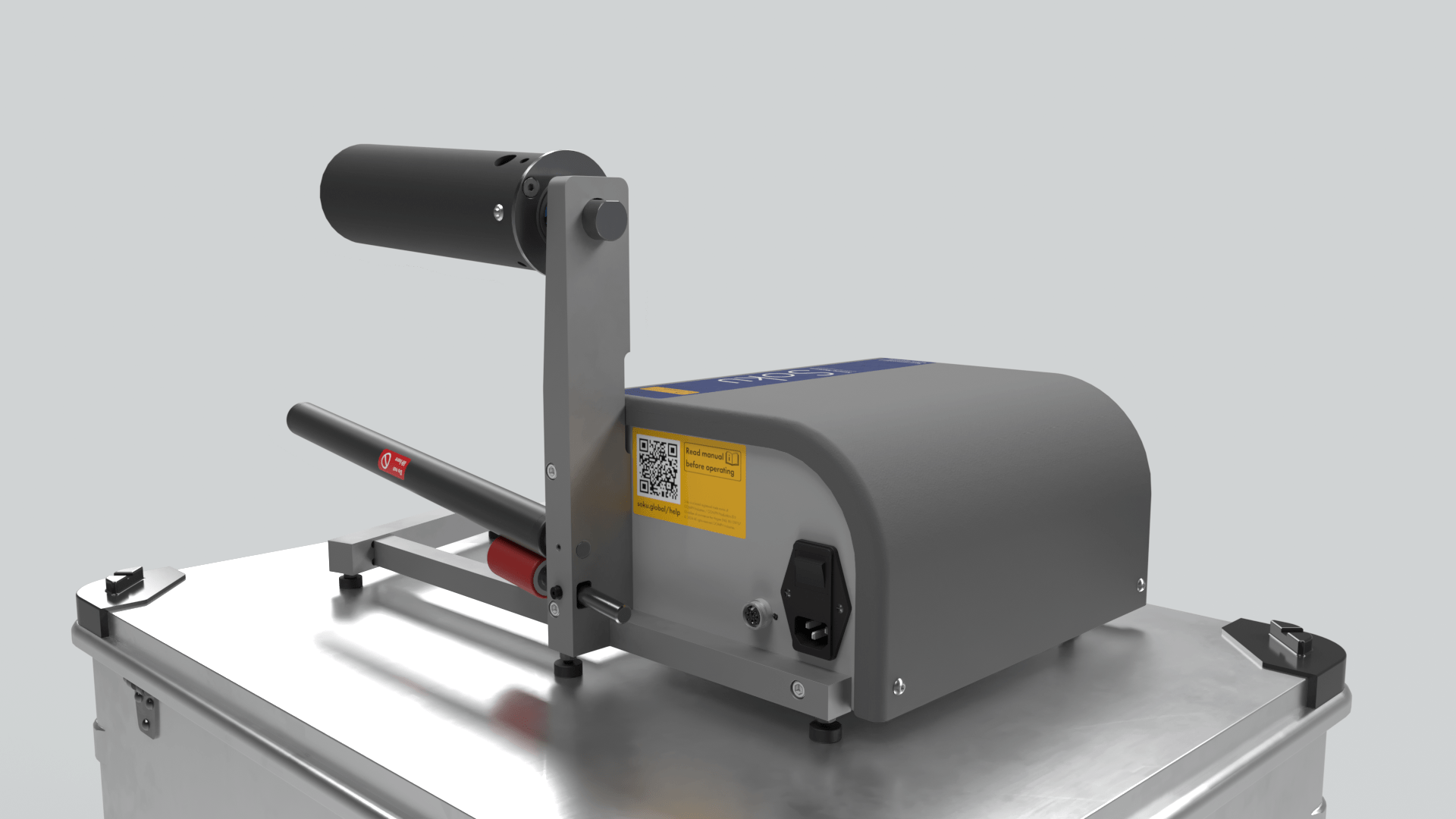 Soku AIRplus Inflator on a crate showing the back of the machine