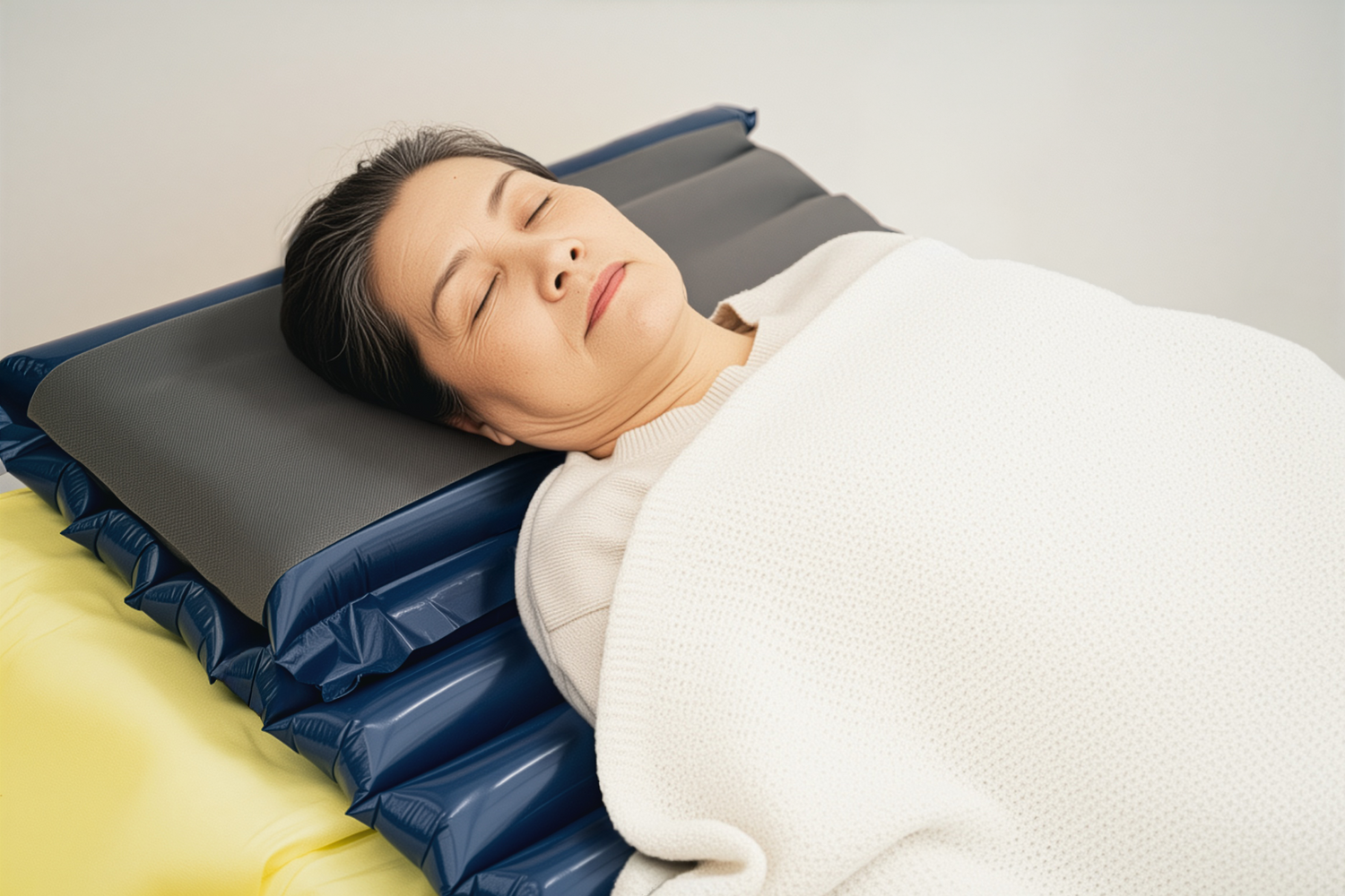 Person lying on a inflatable air mattress with a gray pillow