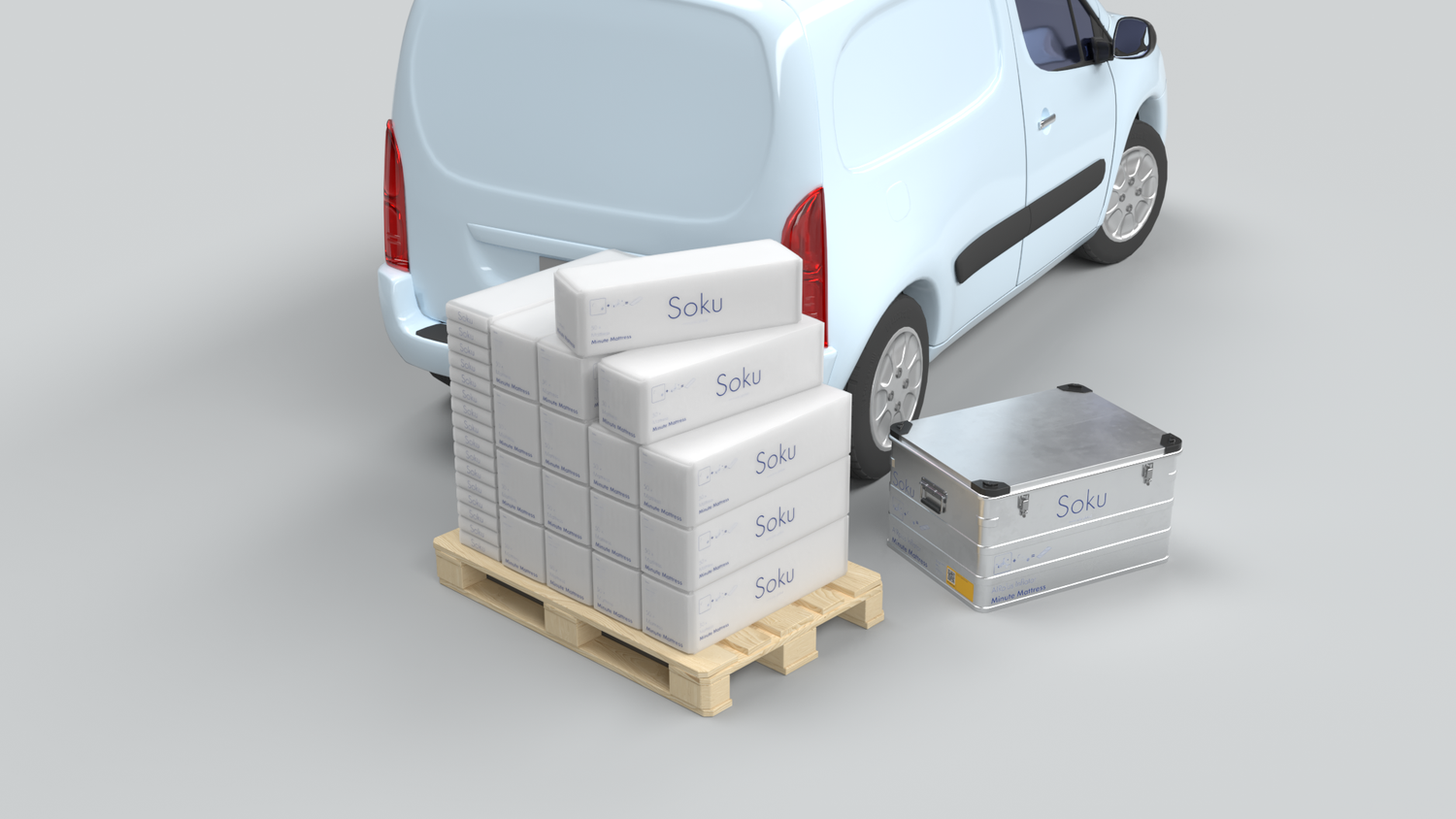 Showing a white van with a pallet of Soku Minute Mattress and an Soku Inflator